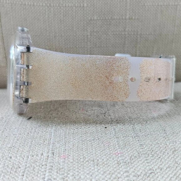 Swatch Pink Glistar SUOK703 Watch 40mm Silicone Rose Gold Tone Glitter - Picture 8 of 13